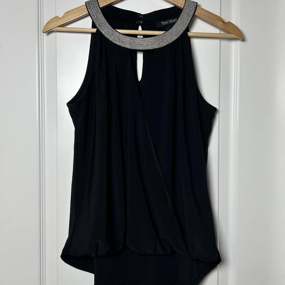 White House Black Market Black Embellished Crystal Collar Halter Draped Top